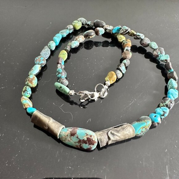 Genuine Hubei Turquoise Choker Necklace Sterling Silver Handmade Tribal - Picture 4 of 11